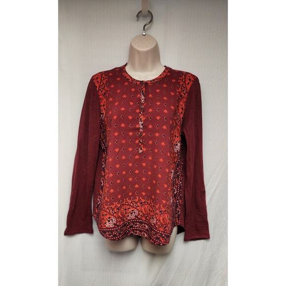Lucky Brand Round Neck Roll-Tab Sleeve Tunic Paisley Print Floral Blouse Red Lg - Picture 5 of 8